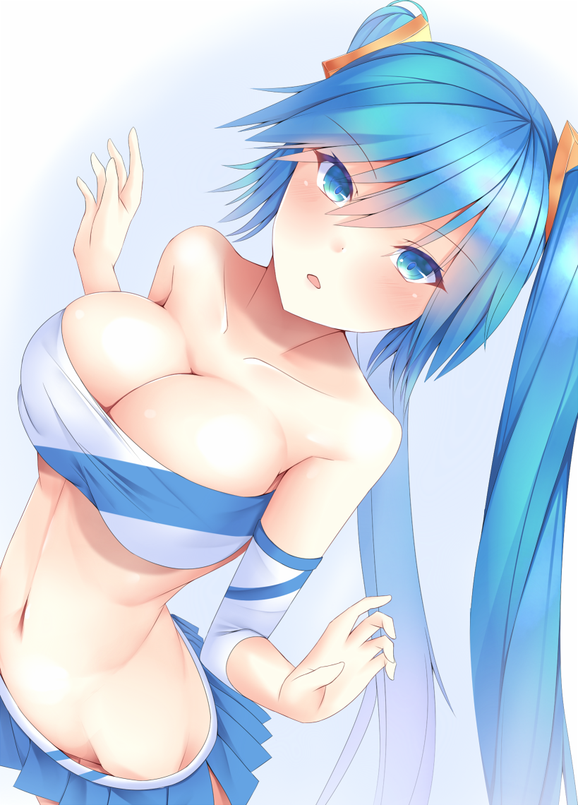 1girl, aqua_eyes, aqua_hair, arms_up, blonde_hair, blush, breasts, cheerleader