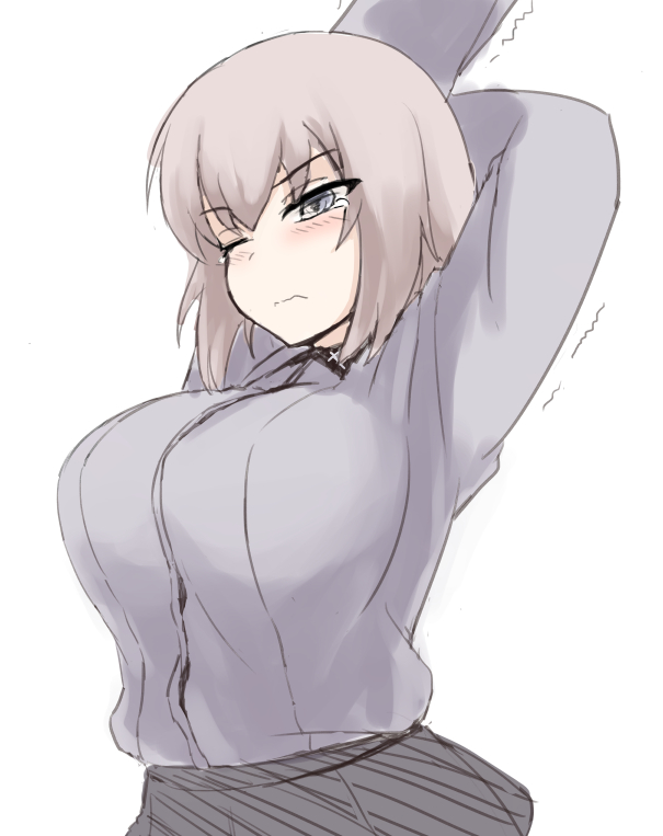 1girl, arms_behind_head, bangs, black_skirt, blue_eyes, breasts, closed_mouth, dress_shirt