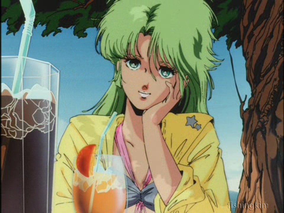 80s, bikini, cap, drink, eve, green_eyes, green_hair, long_hair, megazone_23, oldschool, screencap, smile, straw, swimsuit, tokimatsuri_eve, watermark