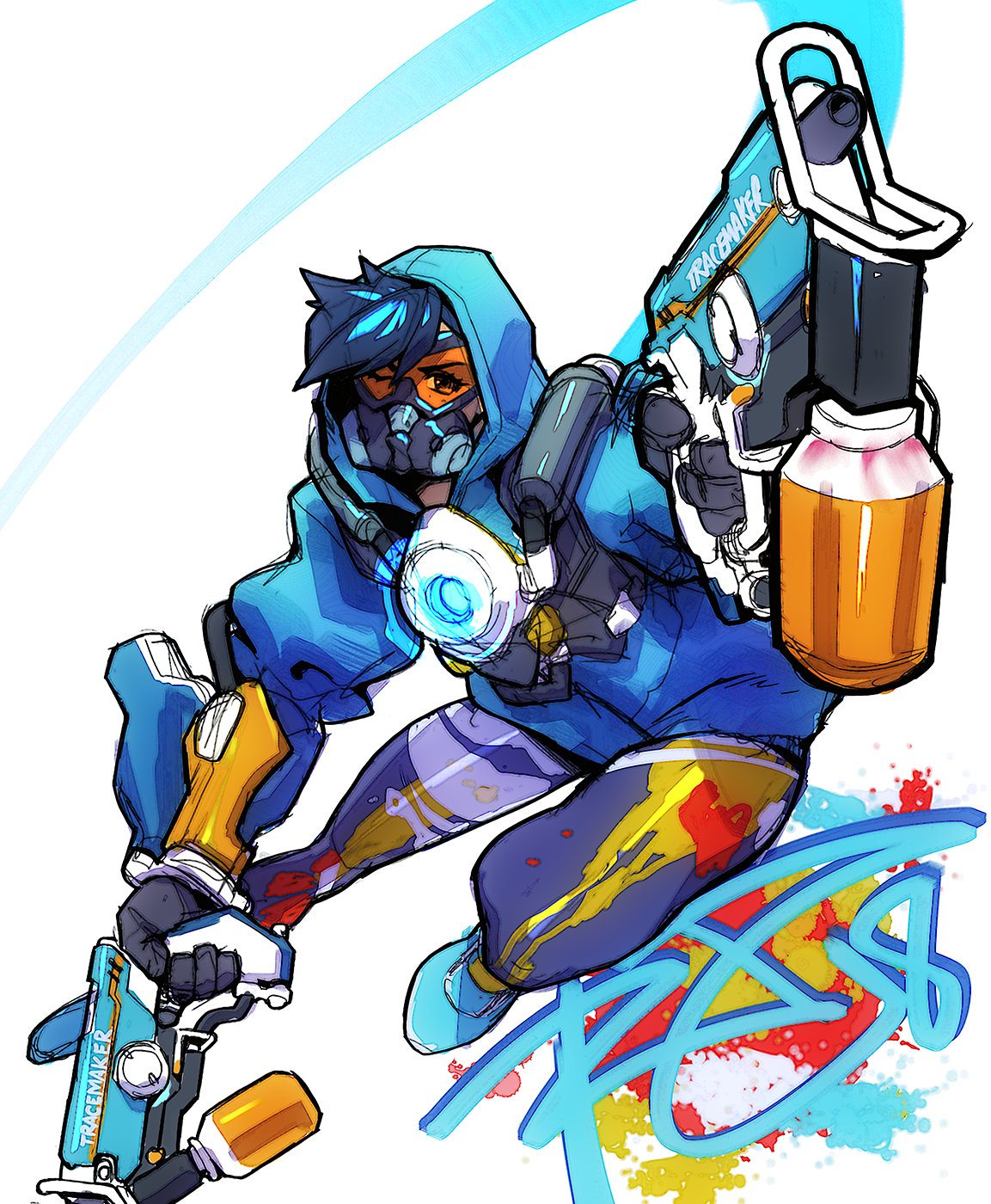 1girl, alternate_costume, black_hair, dual_wielding, gas_mask, goggles, graffiti_tracer, gun