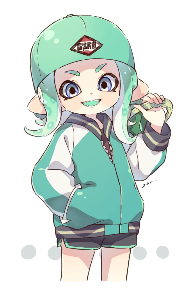 1girl, artist_name, backwards_hat, baseball_cap, black_shorts, blue_eyes, commentary_request, cowboy_shot, domino_mask, fangs, green_jacket, green_tongue, gren_hat, hand_in_pocket, hat, holding, holding_weapon, inkling, jacket, letterman_jacket, log, looking_at_viewer, mask, medium_hair, open_mouth, pointy_ears, sen_squid, short_shorts, shorts, signature, smile, solo, splatoon, splatoon_2, standing, tentacle_hair, tri-slosher_(splatoon), v-shaped_eyebrows, weapon, white_background
