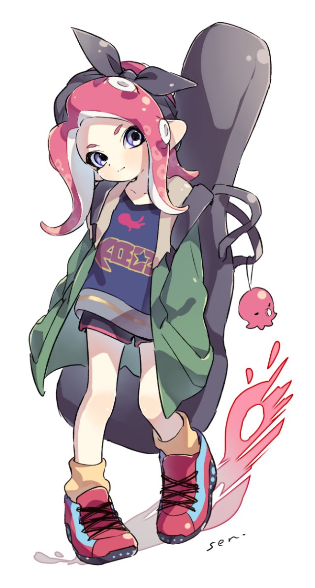 1girl, agent_8, artist_name, bandanna, black_hat, black_shorts, blue_eyes, blue_footwear, blue_shirt, carrying, cello_case, cross-laced_footwear, green_coat, hands_in_pockets, hat, inkling_(language), multicolored_footwear, octarian, octopus, pointy_ears, print_shirt, red_footwear, sen_squid, shirt, shoes, short_shorts, shorts, signature, sneakers, socks, solo, splatoon, splatoon_2, standing, tentacle_hair, white_background, yellow_legwear