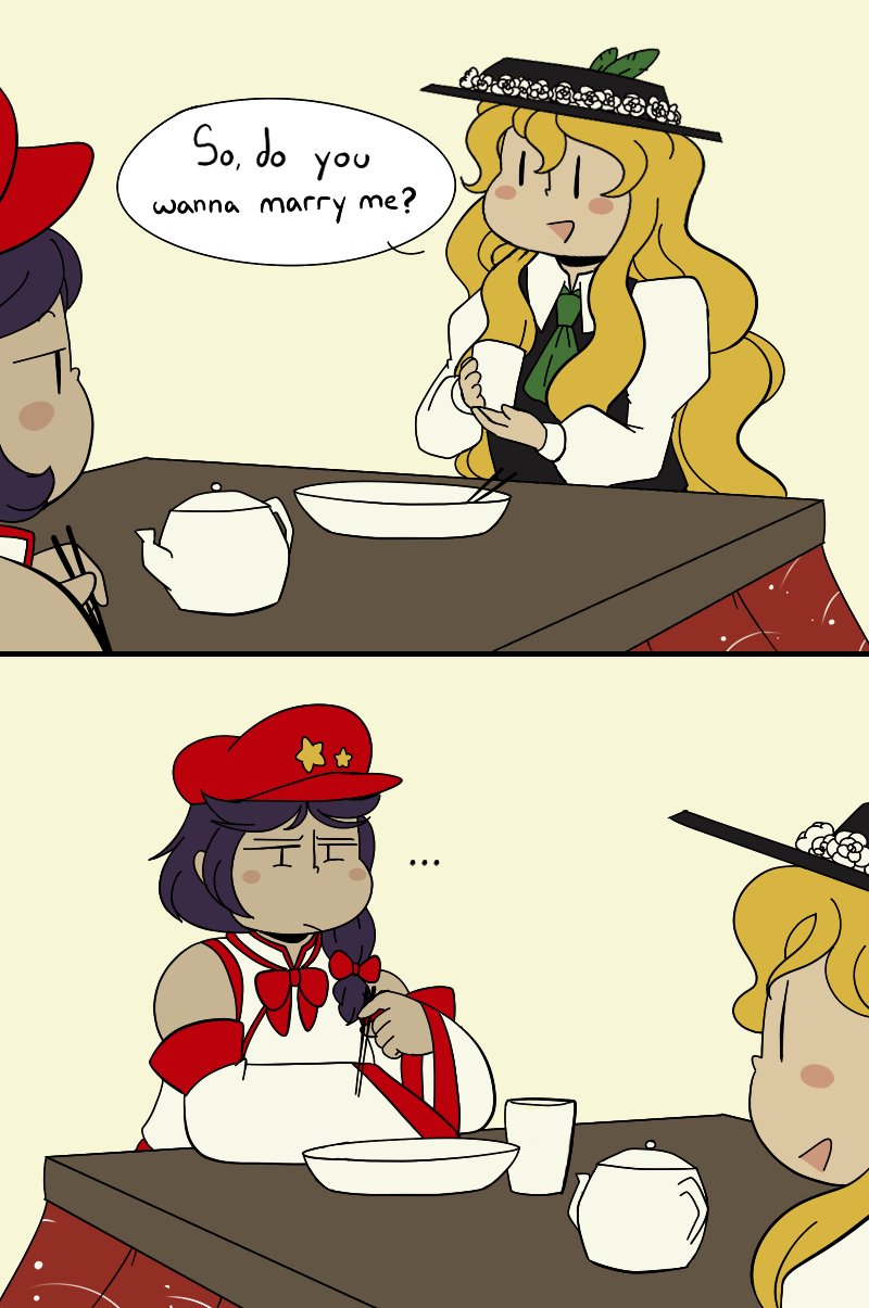 ..., 2girls, :d, blonde_hair, blush_stickers, bowl, chopsticks, comic