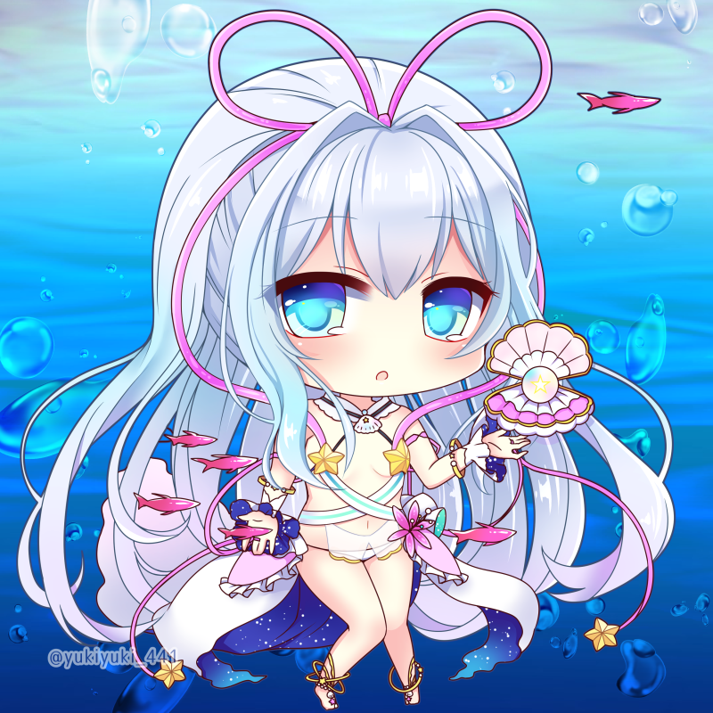 1girl, :o, air_bubble, animal, bangs, bare_shoulders, barefoot, bikini_bottom