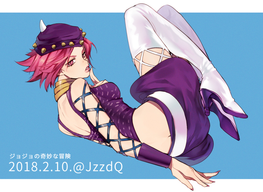 1girl, backless_outfit, blue_background, boots, breasts, butt_crack, cako_(a_ben), copyright_name, dated, genderswap, genderswap_(mtf), hand_on_own_chest, hat, high_heel_boots, high_heels, jewelry, jojo_no_kimyou_na_bouken, lips, looking_at_viewer, medium_breasts, narciso_anasui, neck_ring, pink_eyes, pink_hair, short_hair, simple_background, solo, stone_ocean, thigh-highs, thigh_boots, twitter_username, white_legwear