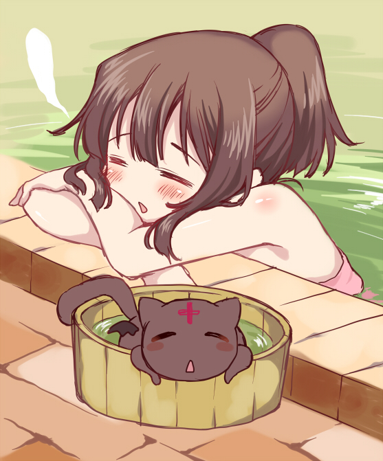 1girl, bath, bathing, bathroom, black_hair, cat, chomusuke, hot_springs