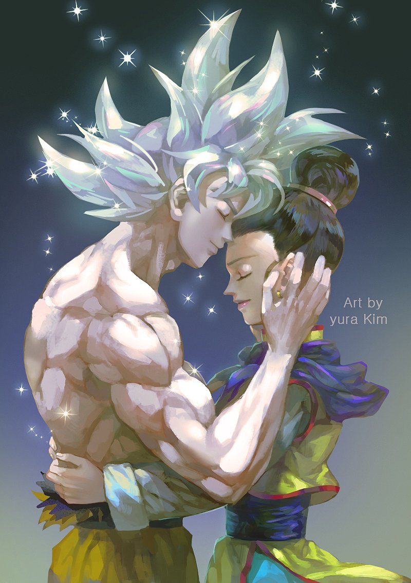 1boy, 1girl, artist_name, black_hair, chi-chi_(dragon_ball), chinese_clothes, closed_eyes, commentary_request, couple, dragon_ball, dragon_ball_super, dragonball_z, earrings, forehead-to-forehead, grey_background, hands_on_another's_back, hands_on_another's_face, happy, hetero, hug, husband_and_wife, jewelry, kim_yura_(goddess_mechanic), shirtless, short_hair, simple_background, smile, son_gokuu, sparkle, spiky_hair, tied_hair, ultra_instinct, white_hair
