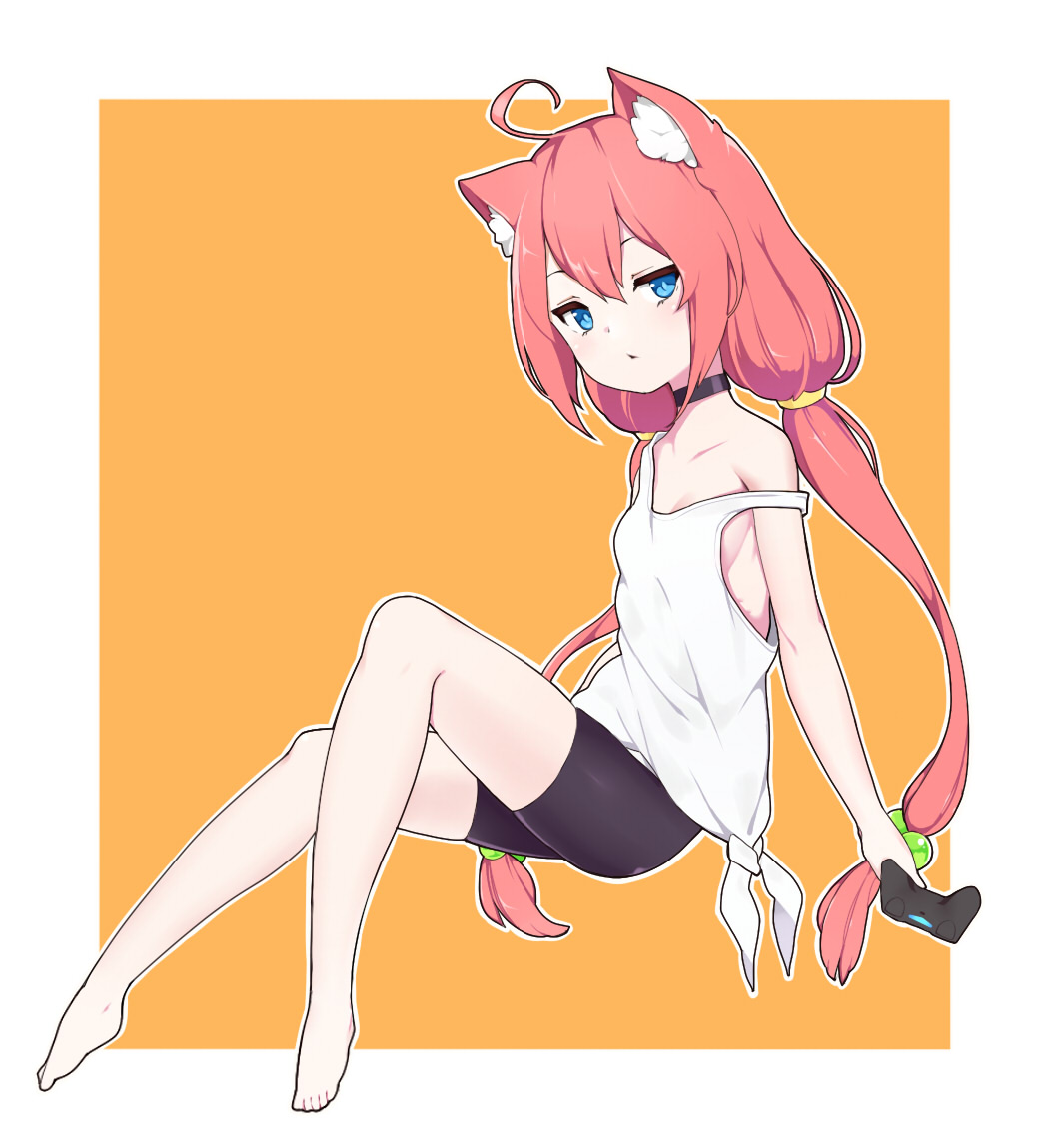 1girl, :<, ahoge, animal_ears, barefoot, bike_shorts, blue_eyes, cat_ears