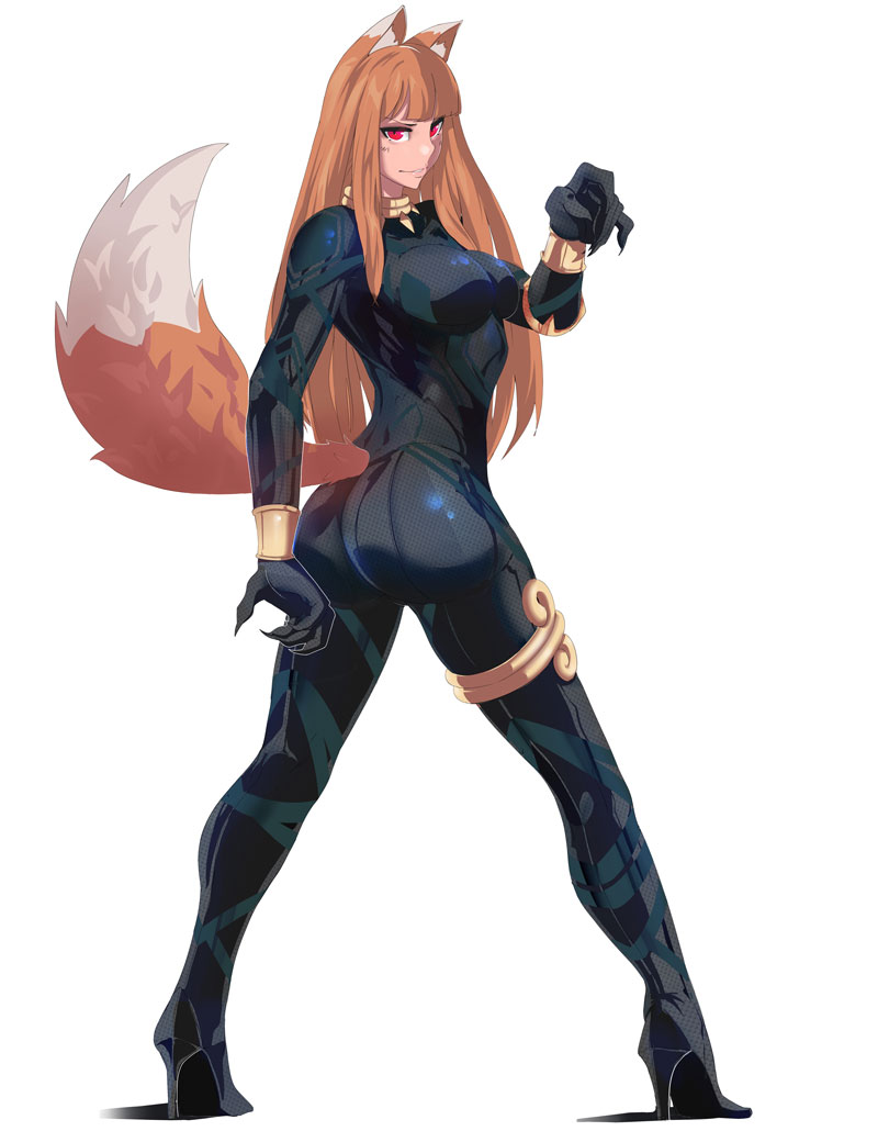 1girl, animal_ears, ass, black_panther_(marvel), black_panther_(marvel)_(cosplay), bodysuit, breasts, brown_hair, claws, commentary, commission, cosplay, high_heels, holo, jovanni_soto, long_hair, marvel, medium_breasts, parted_lips, red_eyes, solo, spice_and_wolf, standing, tail, wolf_ears, wolf_tail