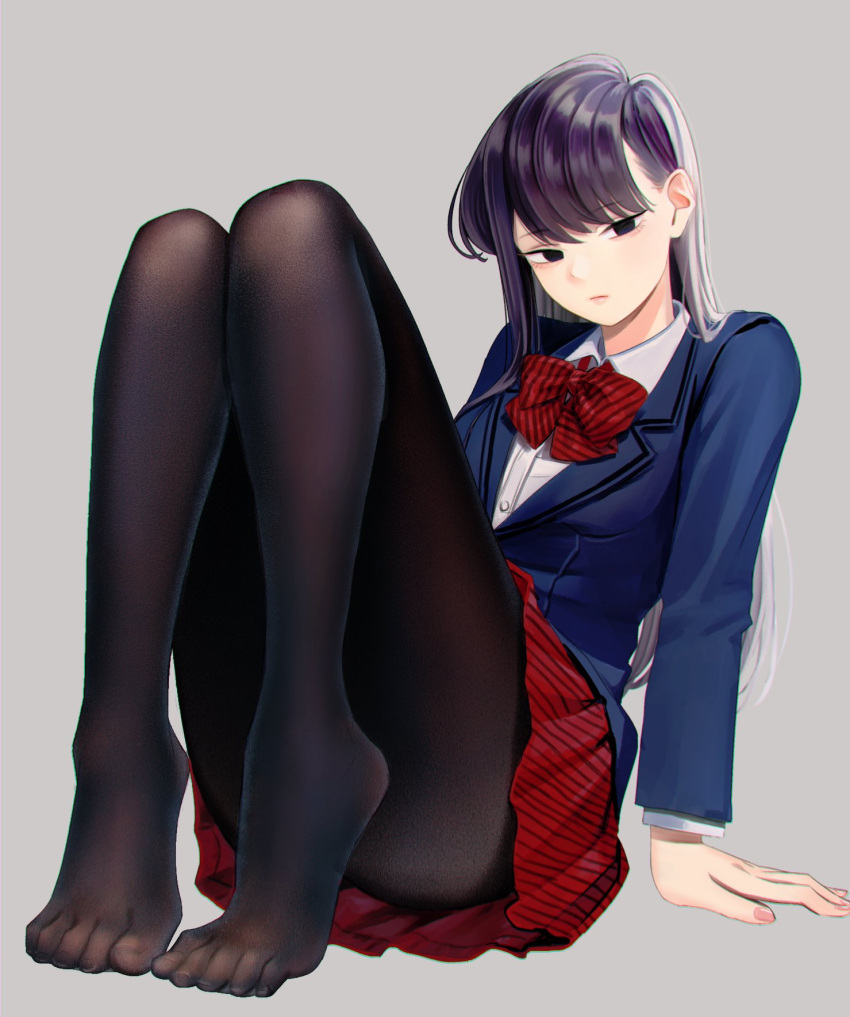 1girl, :|, backlighting, black_eyes, black_hair, blue_blazer, bow, closed_mouth, eyebrows_visible_through_hair, feet, grey_background, highres, komi-san_wa_komyusho_desu, komi_shouko, leaning_back, lips, long_hair, looking_at_viewer, nail_polish, nashigaya_koyomi, pantyhose, pink_nails, pleated_skirt, red_bow, red_skirt, school_uniform, shirt, simple_background, sitting, skirt, solo, white_shirt