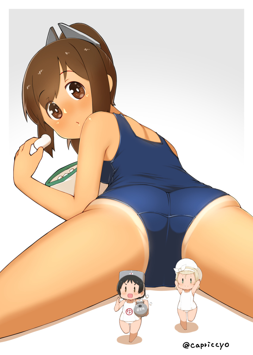 3girls, ass, black_hair, blonde_hair, blue_swimsuit, brown_eyes, brown_hair, capriccyo