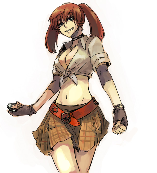 breasts, brown_hair, candy_cane_(rumble_roses), cleavage, fingerless_gloves, gloves, grin, mi_(pixiv91989)