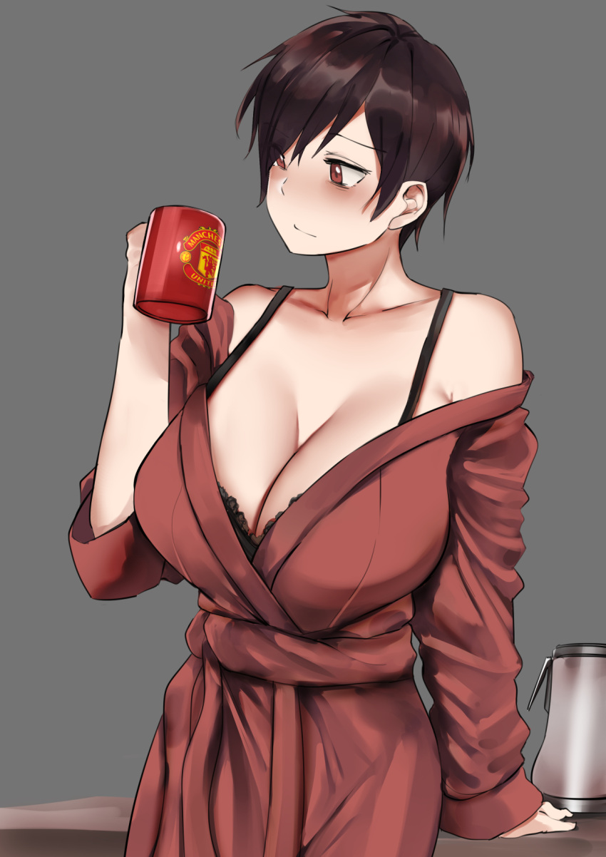 1girl, arm_support, bangs, bare_shoulders, bathrobe, black_bra, bra, breasts