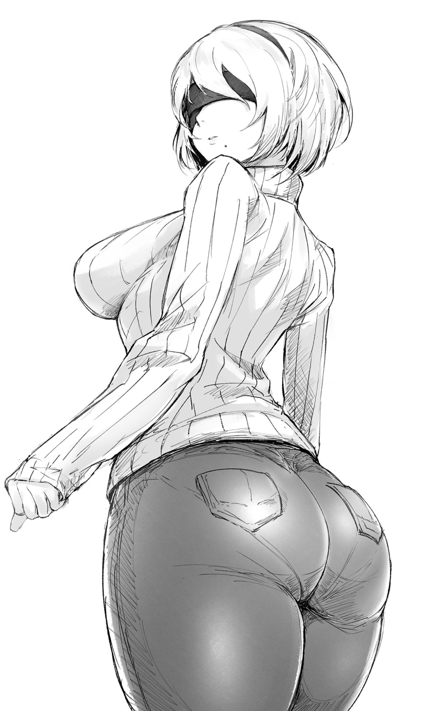 1girl, arms_at_sides, ass, back, bangs, blindfold, breasts, casual, commentary_request, cowboy_shot, denim, facing_viewer, from_behind, hairband, highres, hips, hometa, jeans, large_breasts, long_sleeves, looking_back, medium_breasts, mole, mole_under_mouth, monochrome, nier_(series), nier_automata, nose, pants, parted_lips, pocket, ribbed_sweater, short_hair, simple_background, sleeves_past_wrists, solo, standing, sweater, teeth, thick_thighs, thighs, turtleneck, turtleneck_sweater, white_background, yorha_no._2_type_b