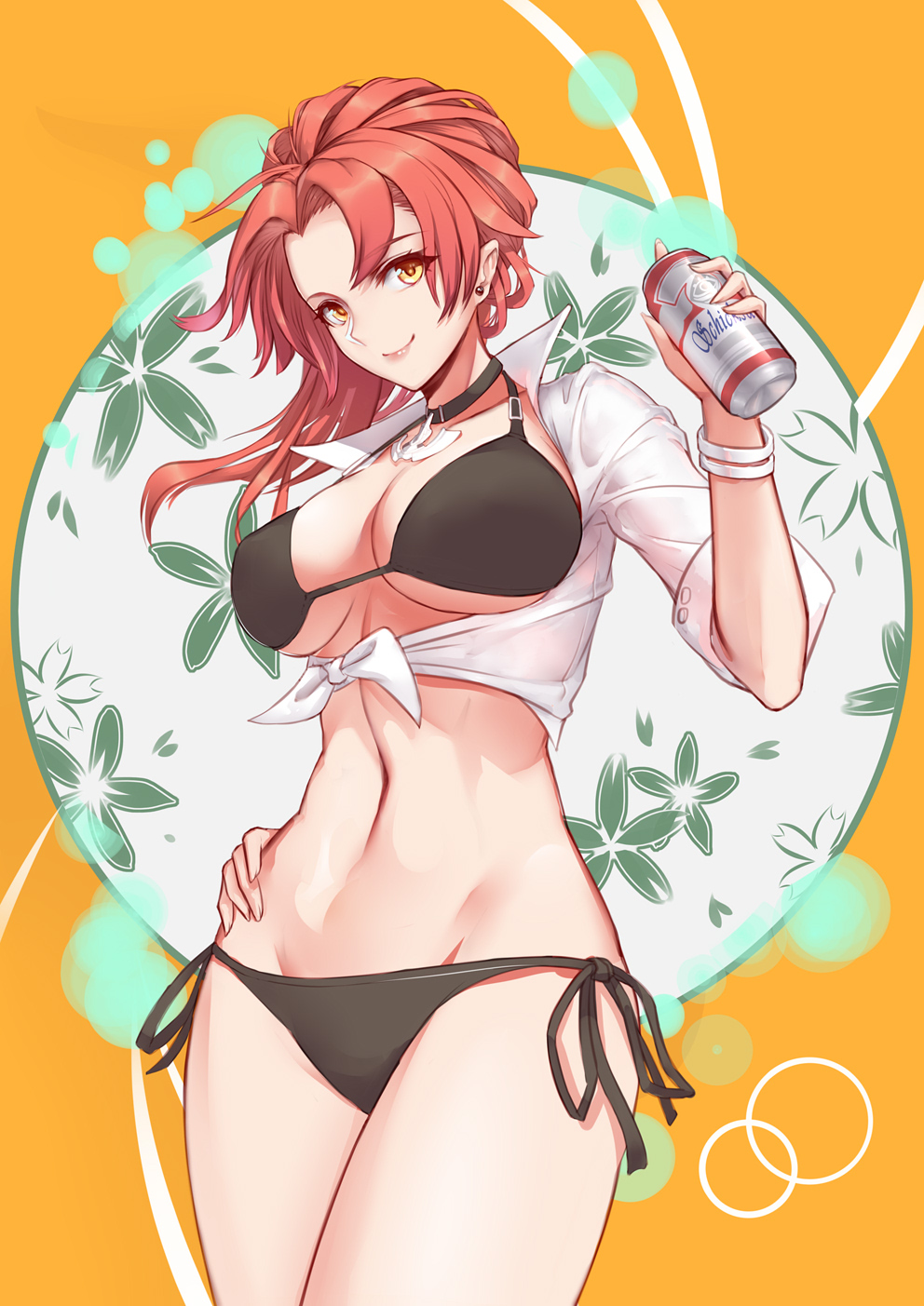 1girl, beer_can, benghuai_xueyuan, bikini, black_bikini, breasts, budweiser, can