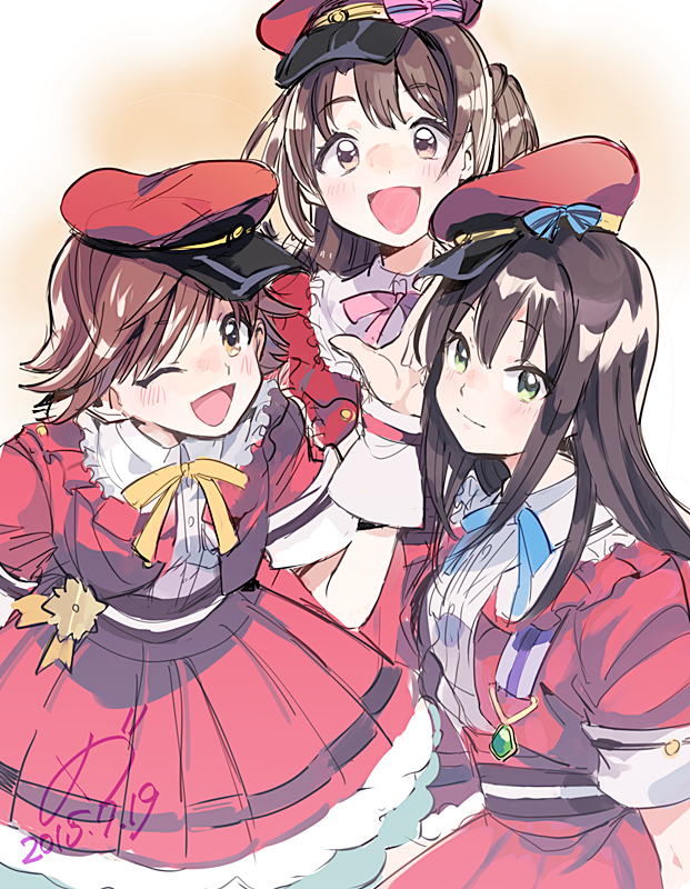 2015, 3girls, :d, ;d, blue_ribbon, blush, brown_eyes, brown_hair, buttons, closed_mouth, collared_shirt, dated, dekitate_evo!_revo!_generation!, dress_shirt, eyebrows, eyebrows_visible_through_hair, frilled_shirt_collar, frills, green_eyes, hat, hat_ribbon, honda_mio, idolmaster, idolmaster_cinderella_girls, long_hair, looking_at_viewer, medu_(rubish), multiple_girls, one_eye_closed, one_side_up, open_clothes, open_mouth, open_vest, orange_eyes, pink_ribbon, pleated_skirt, red_hat, red_skirt, red_vest, ribbon, shibuya_rin, shimamura_uzuki, shirt, short_hair, short_sleeves, skirt, skirt_set, smile, straight_hair, striped, striped_ribbon, vest, white_shirt, yellow_ribbon
