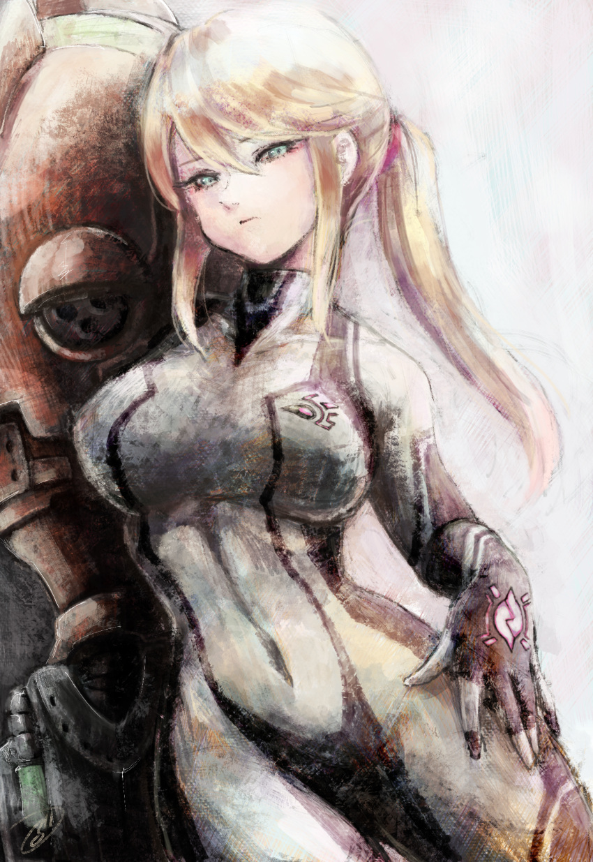 1girl, aqua_eyes, blonde_hair, blue_bodysuit, bodysuit, breasts, closed_mouth, covered_navel