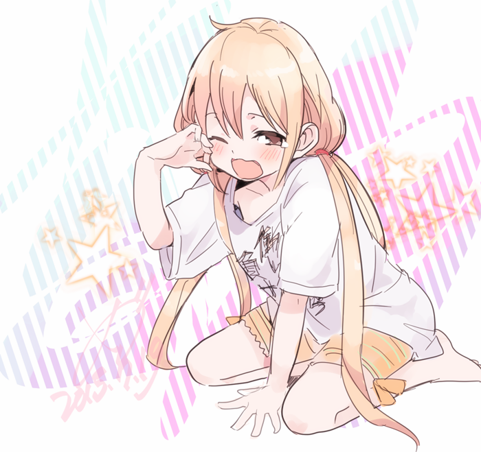 1girl, 2015, bangs, bare_arms, bare_legs, barefoot, between_legs, blonde_hair