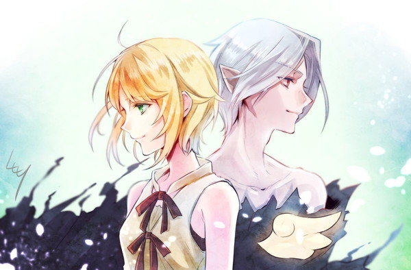 1boy, 1girl, bare_shoulders, blonde_hair, detached_wings, dress, eien_no_shounen, green_eyes
