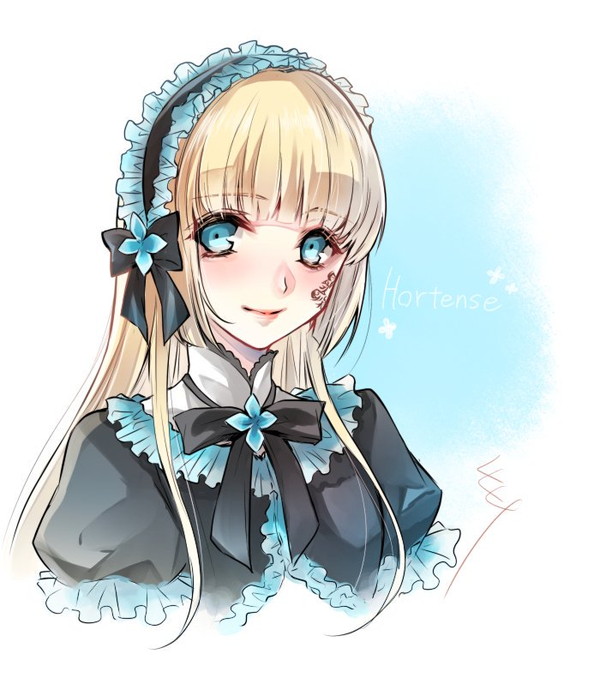 1girl, bangs, black_bow, black_ribbon, blonde_hair, blue_eyes, blue_frills, blunt_bangs