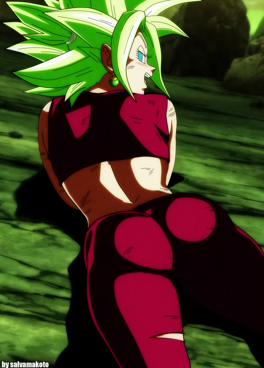 1girl, absurdres, ass, blonde_hair, blush, bruise, crop_top, dragon_ball, dragon_ball_super, earrings, from_behind, highres, injury, jewelry, kefla_(dragon_ball), looking_back, lying, midriff, no_pupils, on_stomach, pants, salvamakoto, solo, spiky_hair, super_saiyan