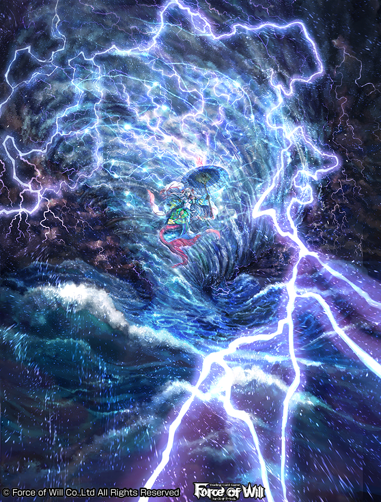 1girl, artist_name, breasts, cleavage, company_name, electricity, force_of_will, gloves
