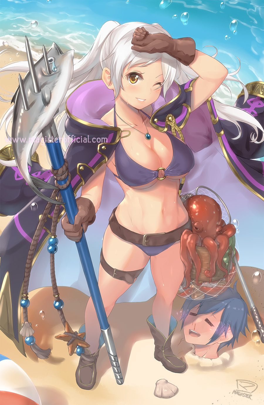 1boy, 1girl, animal, beach, beachball, belt, bikini, breasts