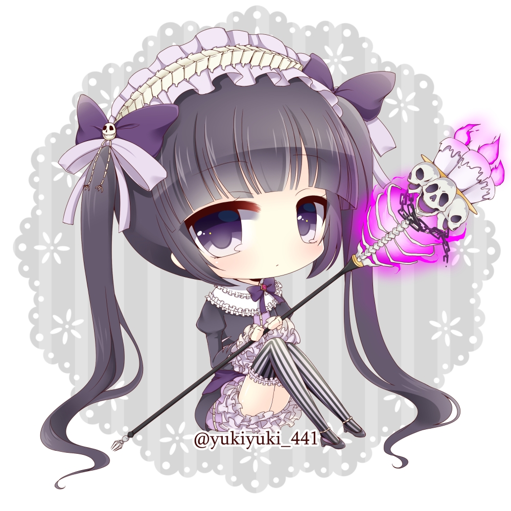 1girl, bangs, black_dress, black_footwear, black_hair, blush, bow, candle, chibi, closed_mouth, commentary_request, cranny_(shironeko_project), dress, eyebrows_visible_through_hair, fire, frilled_hairband, frilled_legwear, hair_bow, high_heels, holding, holding_staff, juliet_sleeves, long_hair, long_sleeves, looking_at_viewer, petticoat, puffy_sleeves, purple_bow, purple_fire, ribs, shironeko_project, sitting, skull, solo, spine, staff, striped, striped_legwear, thigh-highs, twintails, vertical-striped_background, vertical-striped_legwear, vertical_stripes, very_long_hair, violet_eyes, yukiyuki_441