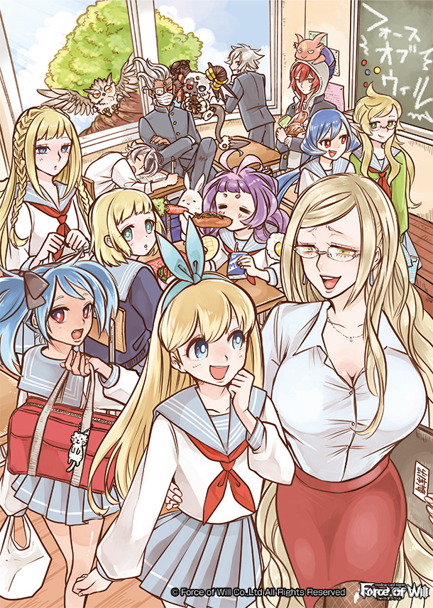4boys, 6+girls, alice_(force_of_will), bird, black_hair, blonde_hair, blue_eyes, blue_hair, breasts, charlotte_(force_of_will), cleavage, closed_eyes, company_name, demon, earrings, eating, eyepatch, fangs, faria_(force_of_will), fiethsing_(force_of_will), force_of_will, gill_lapis_(force_of_will), glasses, green_eyes, hood, jewelry, kaguya_(force_of_will), large_breasts, long_hair, mars_(force_of_will), mask, millium_(force_of_will), multicolored_hair, multiple_boys, multiple_girls, official_art, open_mouth, owl, pricia_(force_of_will), purple_hair, rabbit, red_eyes, redhead, sailor_collar, school_uniform, sitting, sky, sol_(force_of_will), teeth, tree, twintails, two-tone_hair, valentina_(force_of_will), white_hair, window, yellow_eyes, zero_(force_of_will)