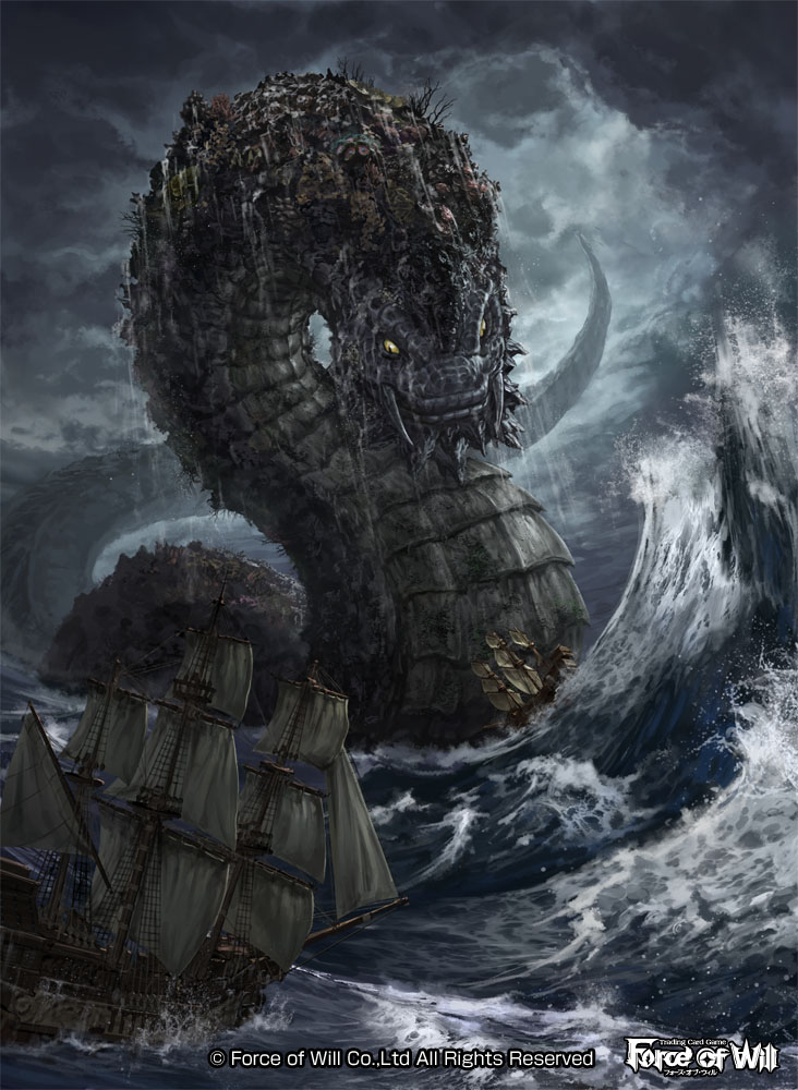 clouds, cloudy_sky, company_name, dragon, fangs, force_of_will, moopic, no_humans, official_art, rain, ship, sky, water, watercraft, yellow_eyes