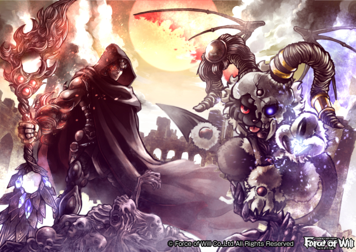 1boy, armor, bone, cape, clouds, company_name, demon, demon_horns, demon_wings, eyepatch, fangs, force_of_will, glowing, glowing_eyes, horns, male_focus, official_art, skull, sky, sol_(force_of_will), solo, staff, sun, tongue, tongue_out, white_hair, wings