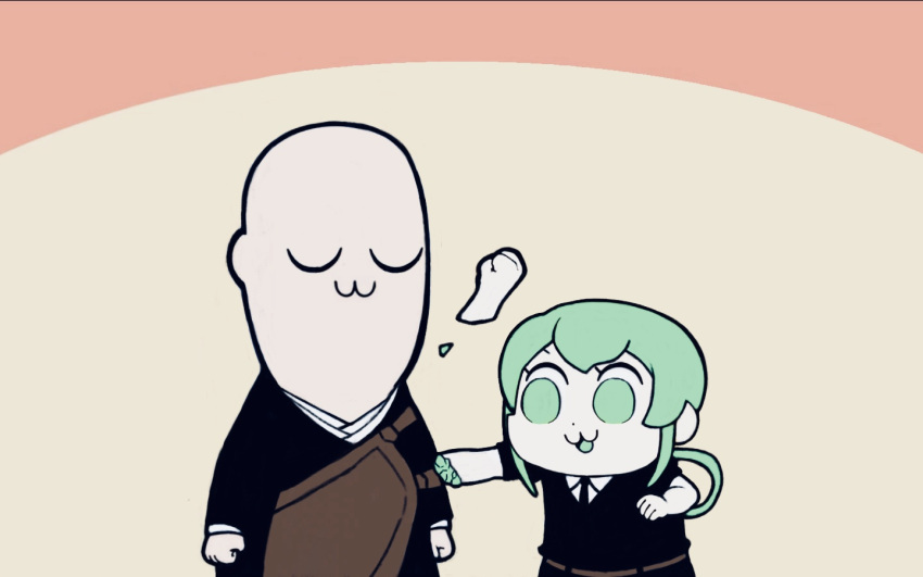 1boy, :3, amputee, androgynous, bald, bkub_(style), closed_eyes, crack, disembodied_limb, ei_ei_okotta?, gem_uniform_(houseki_no_kuni), green_eyes, green_hair, houseki_no_kuni, jade_(houseki_no_kuni), kongou_sensei, madai_pichi-owo, monk, parody, poptepipic