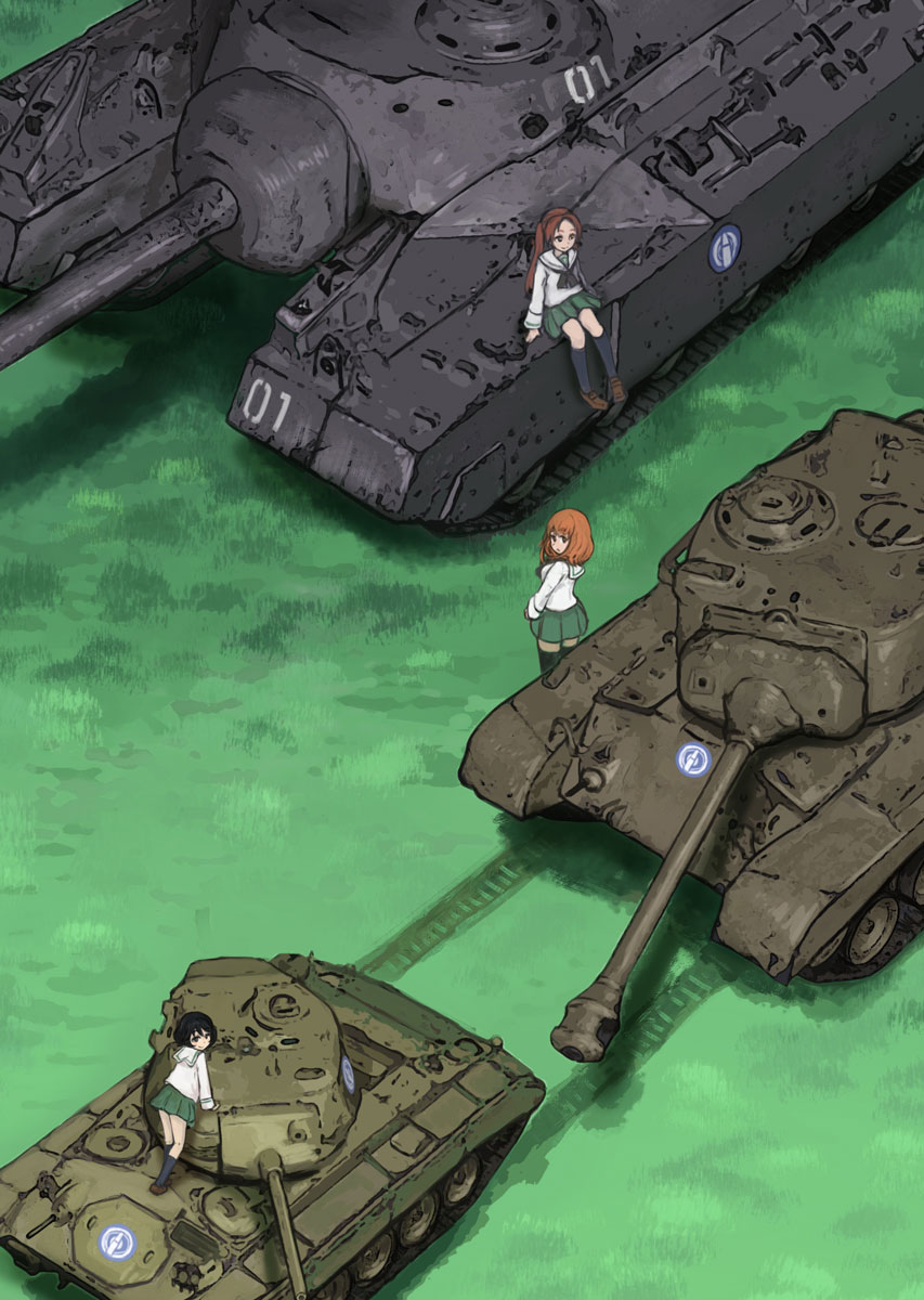 3girls, black_hair, emblem, girls_und_panzer, grass, ground_vehicle, highres, japan_(hetalia)
