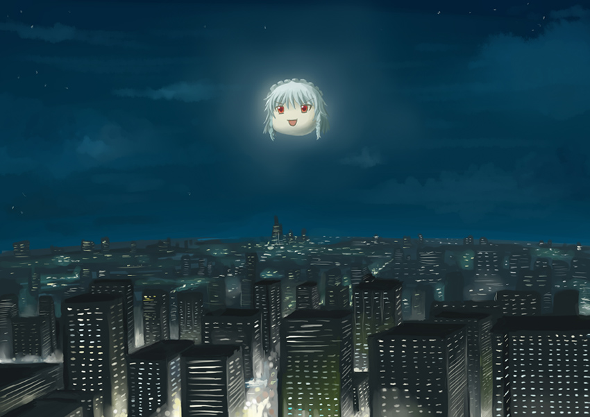 city, city_lights, cityscape, full_moon, izayoi_sakuya, mizuno_(artist), moon, night, scenery, sky, touhou, yukkuri_shiteitte_ne