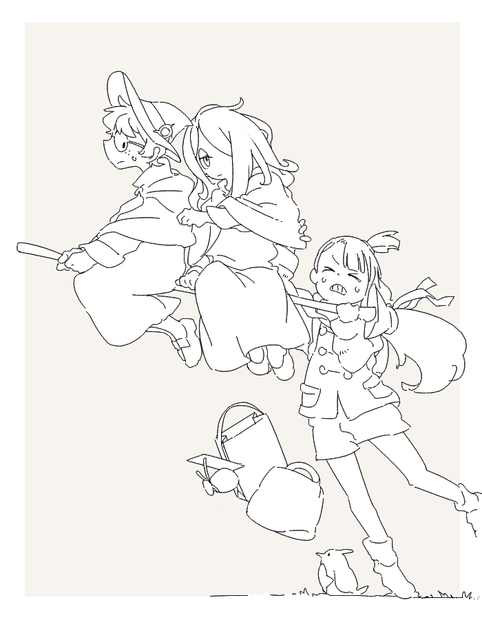 >_<, 3girls, :|, alcor_(little_witch_academia), animal, ankle_boots, bag, bangs