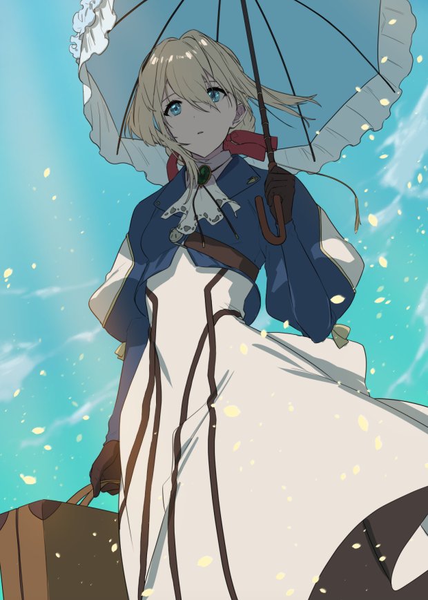 1girl, blonde_hair, blue_eyes, blue_jacket, briefcase, dress, gloves, hair_ribbon, hiro_(menomae), jacket, parasol, ribbon, umbrella, violet_evergarden, violet_evergarden_(character)