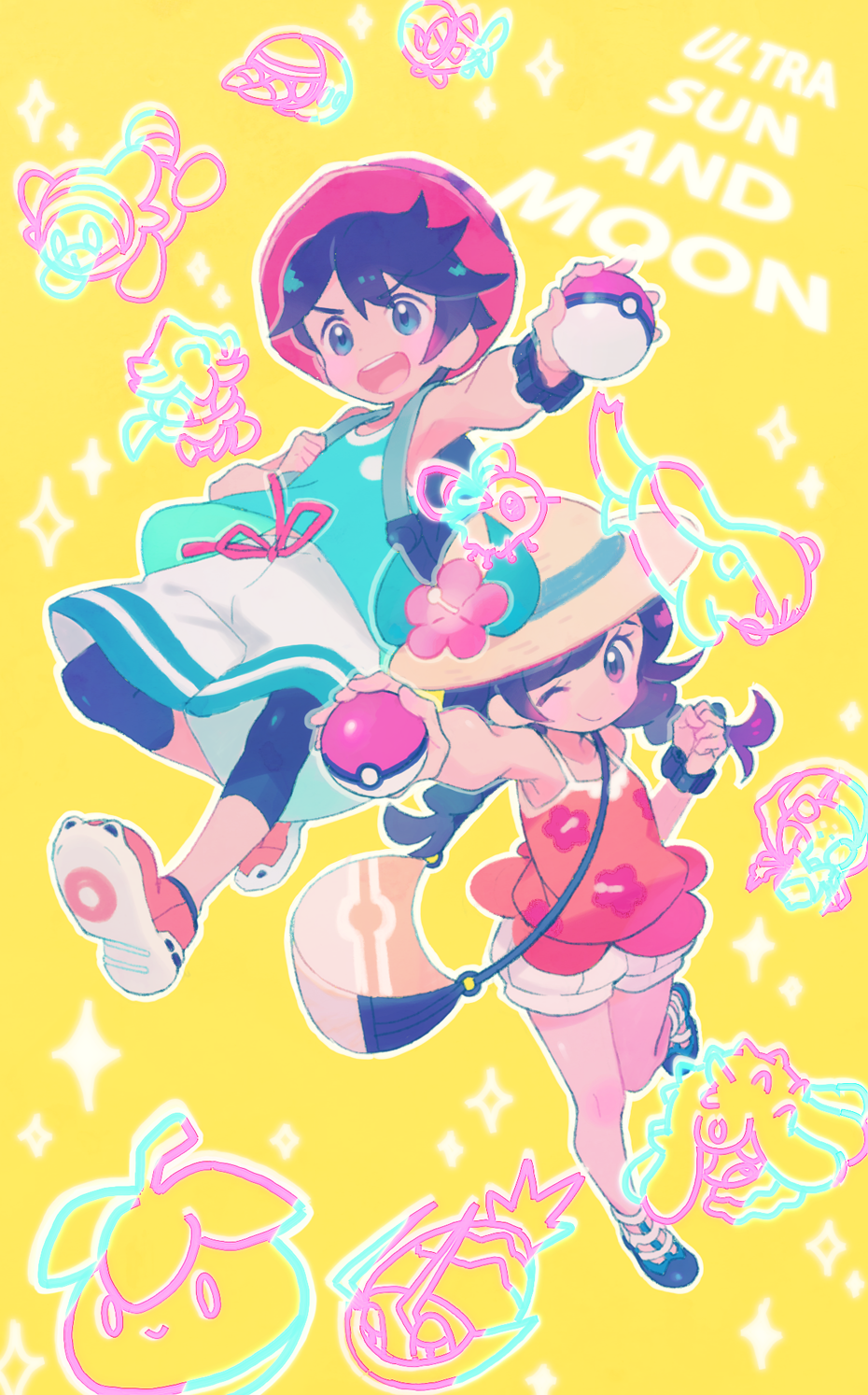 1boy, 1girl, bag, black_hair, bounsweet, braid, copyright_name, flower, fomantis, grubbin, handbag, hat, hat_flower, highres, holding, holding_poke_ball, long_hair, mareanie, mizuki_(pokemon_usum), one_eye_closed, open_mouth, poke_ball, pokemon, pokemon_(game), pokemon_usum, red_hat, short_hair, shorts, smile, stufful, sun_hat, sweetholic, tank_top, twin_braids, wimpod, wishiwashi, you_(pokemon_usum), yungoos, z-ring