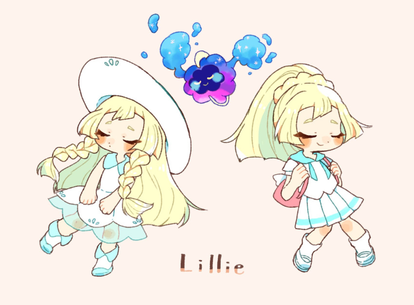 1girl, backpack, bag, blonde_hair, braid, character_name, chibi, closed_eyes, cosmog, dress, dual_persona, hat, highres, lillie_(pokemon), long_hair, mmo_necco, pokemon, pokemon_(creature), pokemon_(game), pokemon_sm, ponytail, shirt, short_sleeves, simple_background, skirt, sleeveless, sleeveless_dress, sun_hat, twin_braids, white_dress, white_hat, white_shirt, white_skirt
