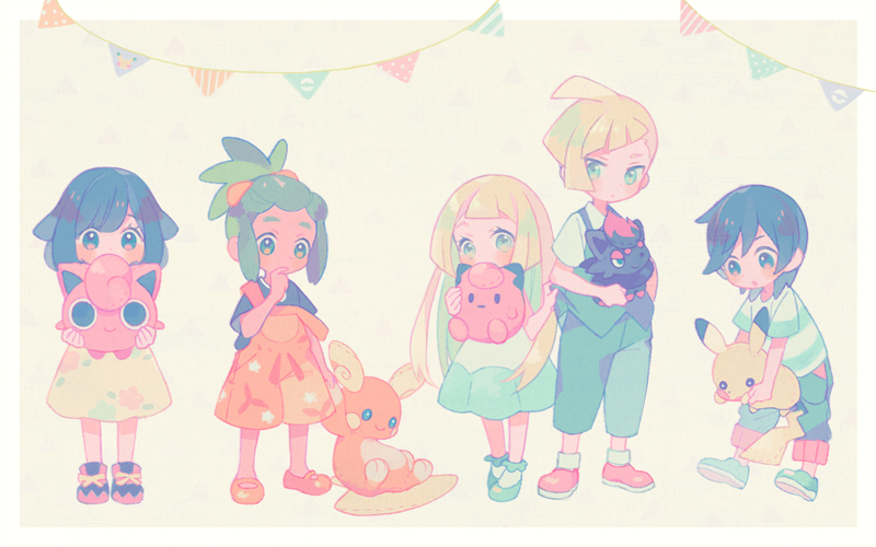 2girls, 3boys, adapted_costume, alola_form, alolan_raichu, black_hair, black_pants, black_shirt, black_vest, blonde_hair, brother_and_sister, capri_pants, clefairy, dark_skin, dark_skinned_male, dress, gladio_(pokemon), green_eyes, green_hair, hau_(pokemon), jigglypuff, lillie_(pokemon), long_hair, mizuki_(pokemon_sm), multiple_boys, multiple_girls, overalls, pants, pikachu, pokemon, pokemon_(game), pokemon_sm, ponytail, shirt, short_hair, short_sleeves, siblings, striped, striped_shirt, stuffed_toy, sweetholic, vest, white_dress, you_(pokemon_sm), younger, zorua
