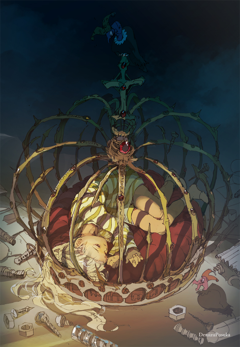 1girl, androgynous, artist_name, blonde_hair, buzzard, cage, child, crown