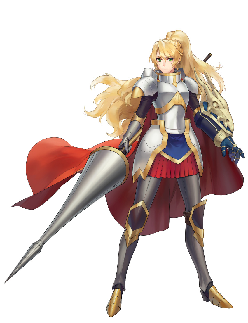 1girl, absurdres, alicetaria_february, armor, armored_boots, artist_request, blonde_hair, boots, cape, eyebrows_visible_through_hair, gauntlets, green_eyes, grimace, highres, holding, holding_weapon, lance, looking_at_viewer, luna_princess, pauldrons, polearm, ponytail, re:creators, skirt, solo, standing, weapon