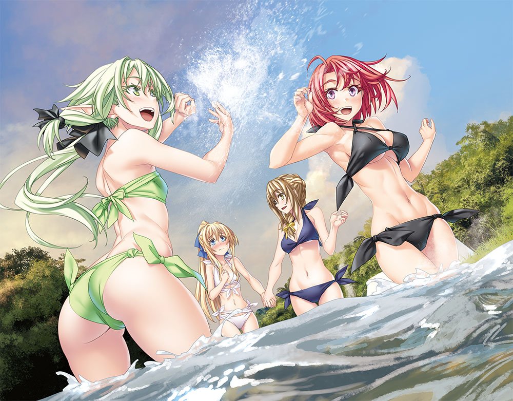 4girls, bikini, blonde_hair, blue_eyes, blush, breasts, day, elf