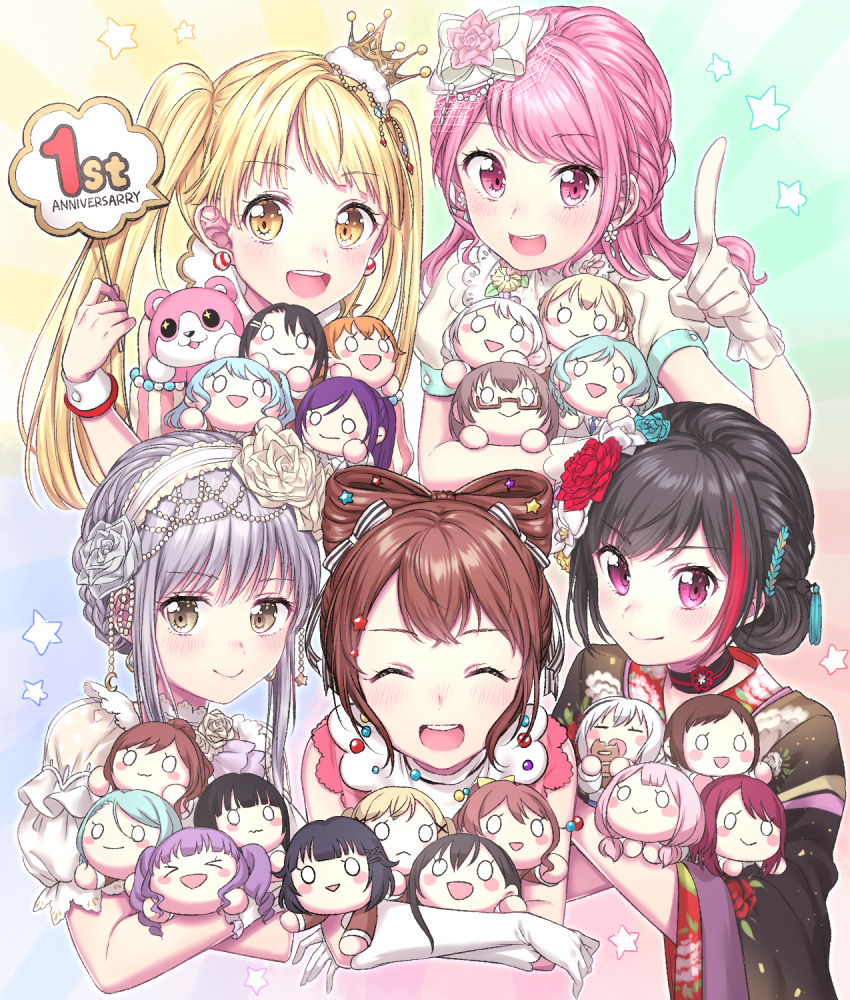 5girls, :d, ^_^, afterglow_(bang_dream!), alternate_hairstyle, anniversary, aoba_moca, bang_dream!