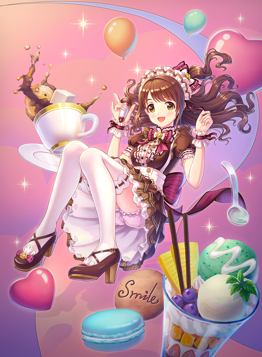 1girl, :d, alternate_costume, apron, back_bow, balloon, bangs, bloomers