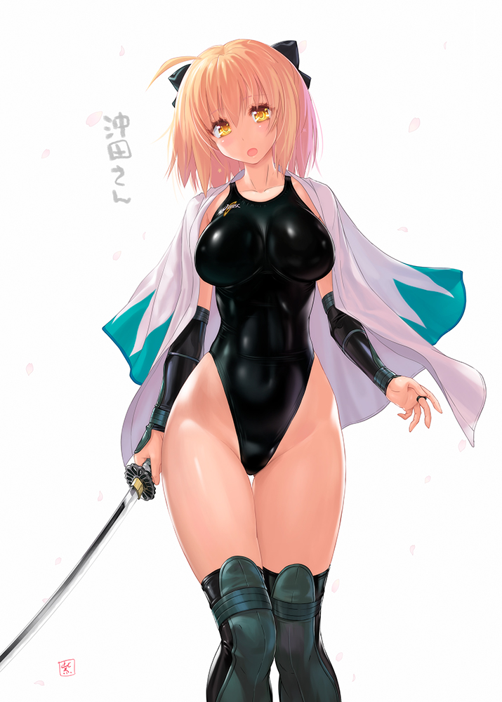 1girl, ahoge, asics, black_bow, black_scarf, black_swimsuit, blonde_hair, bow