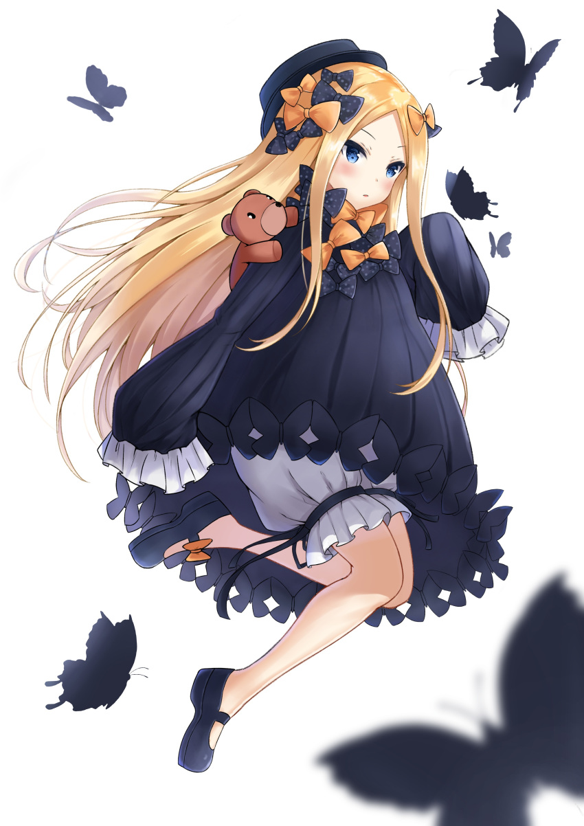 1girl, abigail_williams_(fate/grand_order), absurdres, animal, bangs, black_bow, black_dress, black_footwear