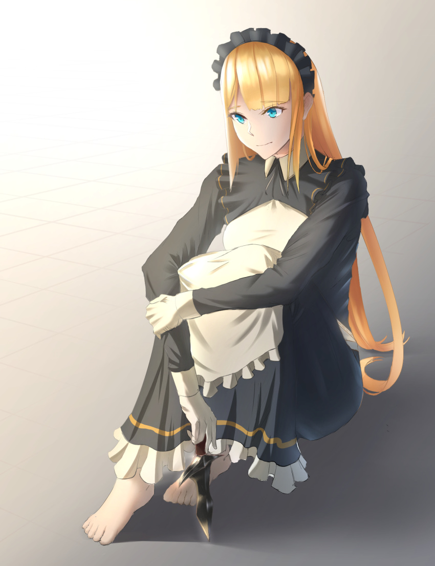 1girl, blonde_hair, blue_eyes, breasts, dagger, dress, gloves, half_gloves