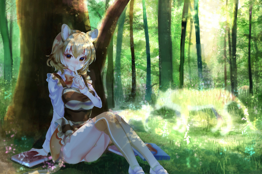 1girl, absurdres, animal_ears, blonde_hair, blush, book, bow, bowtie