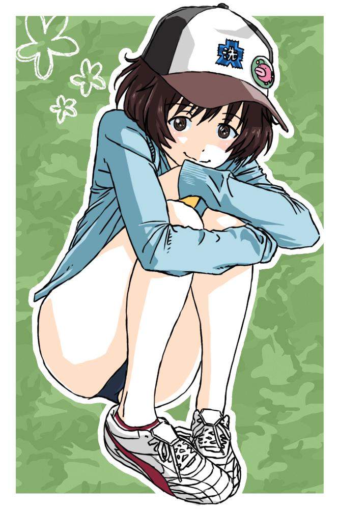 1girl, akiyama_yukari, anglerfish, bangs, baseball_cap, black_hat, blue_jacket, brown_eyes