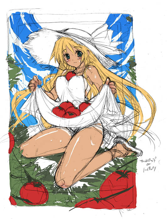 blonde_hair, dress, dress_lift, hat, kotamaru-mu, long_hair, sketch, tomato